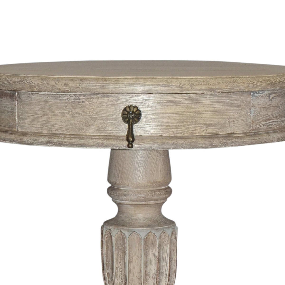 21 Inch Handcrafted Mango Wood Side Table with Drawer, Classic Pedestal Base and Round Top, Rustic Gray - UPT-213132