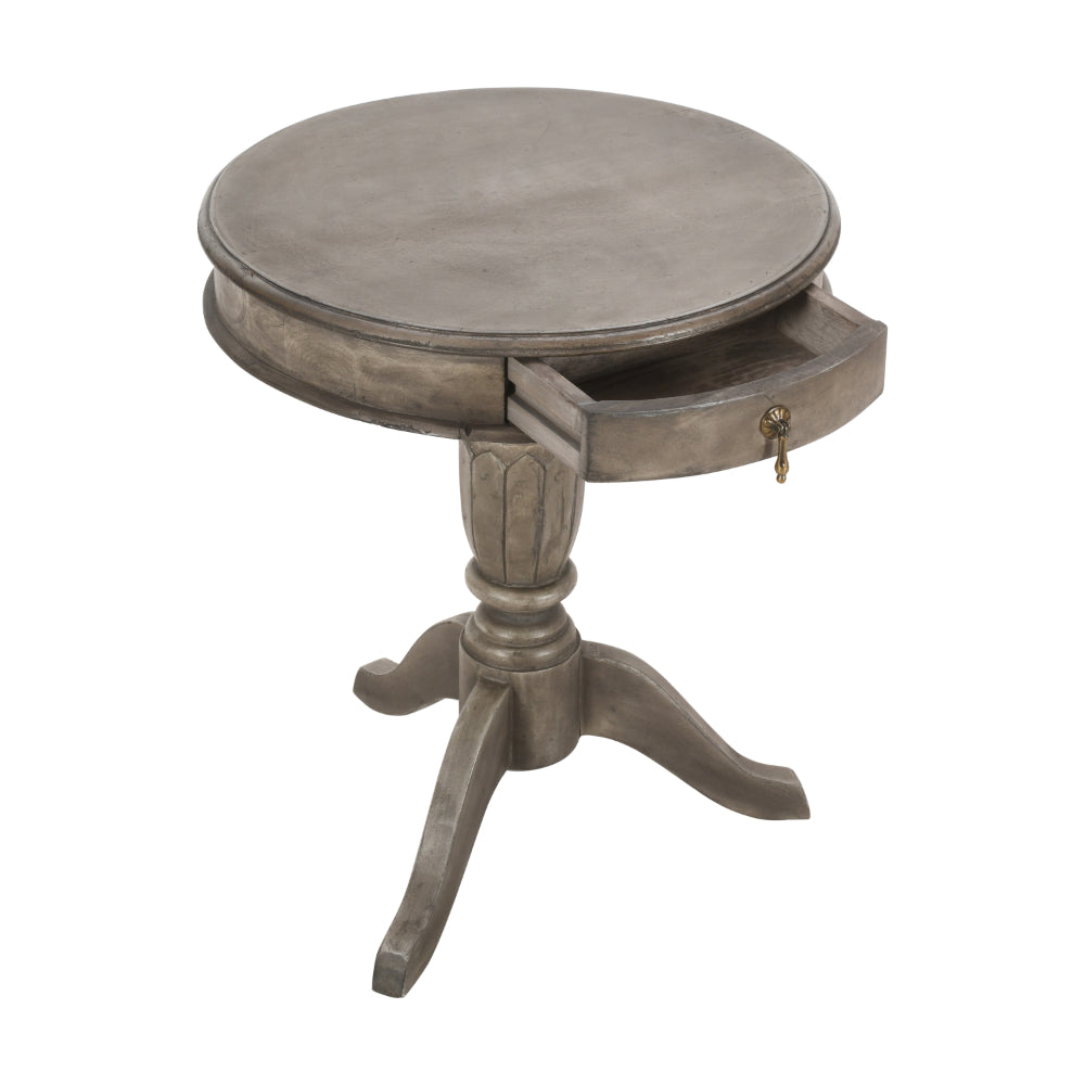 21 Inch Handcrafted Mango Wood Side Table with Drawer, Classic Pedestal Base and Round Top, Rustic Gray - UPT-213132