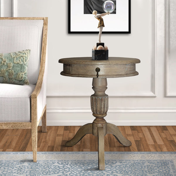 21 Inch Handcrafted Mango Wood Side Table with Drawer, Classic Pedestal Base and Round Top, Rustic Gray - UPT-213132