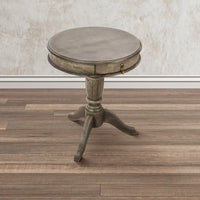 21 Inch Handcrafted Mango Wood Side Table with Drawer, Classic Pedestal Base and Round Top, Rustic Gray - UPT-213132