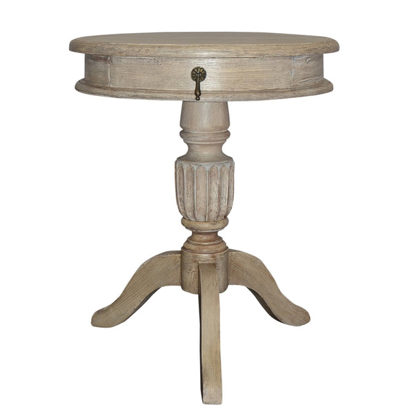 21 Inch Handcrafted Mango Wood Side Table with Drawer, Classic Pedestal Base and Round Top, Rustic Gray - UPT-213132