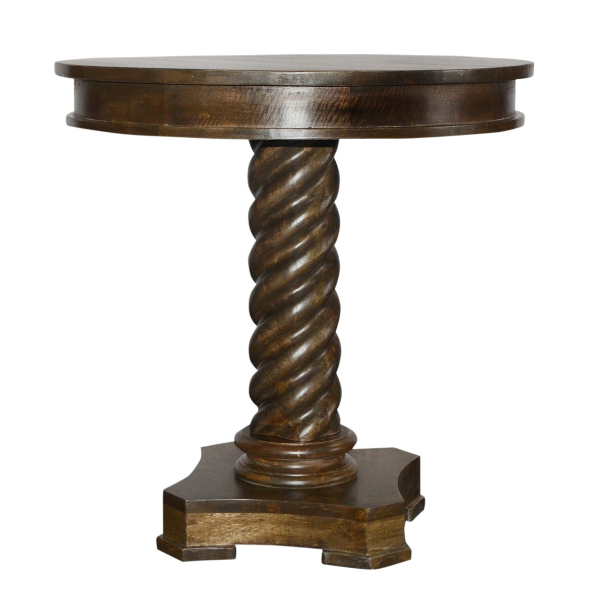 Round Mango Wood Table with Twisted Pedestal Base and Molded Top, Dark Brown - UPT-213135