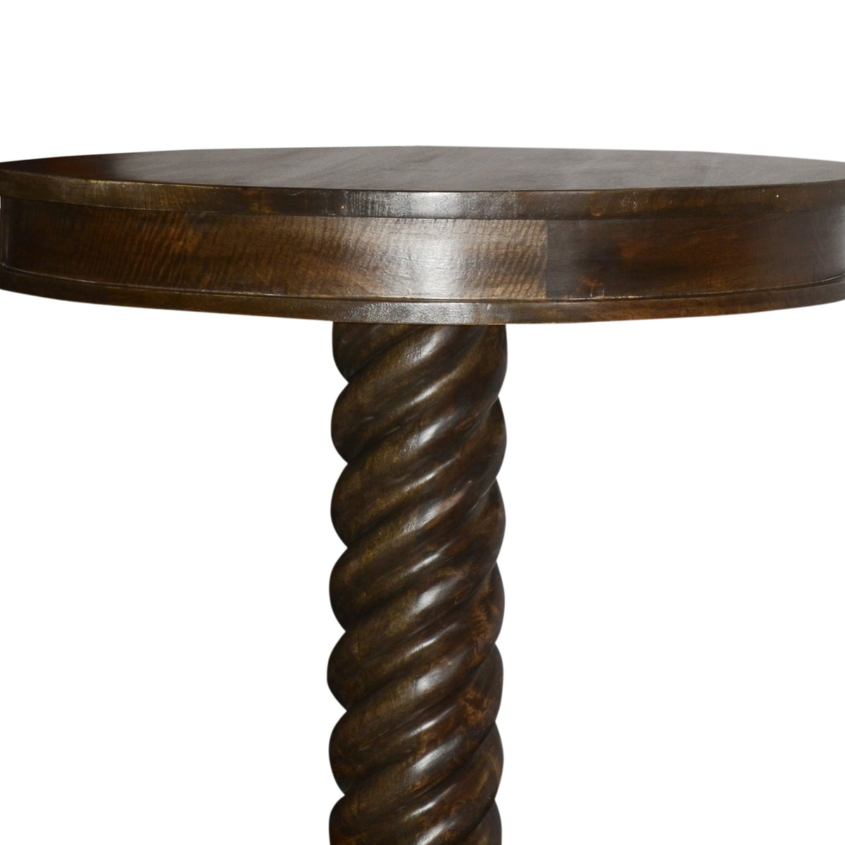 Round Mango Wood Table with Twisted Pedestal Base and Molded Top, Dark Brown - UPT-213135