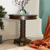 Round Mango Wood Table with Twisted Pedestal Base and Molded Top, Dark Brown - UPT-213135