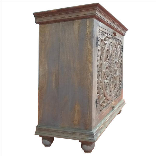 Molded Wooden Cabinet with Intricate Cutout Design Doors, Distressed Gray -UPT-213137