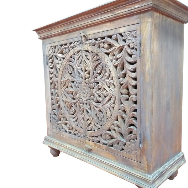 Molded Wooden Cabinet with Intricate Cutout Design Doors, Distressed Gray -UPT-213137