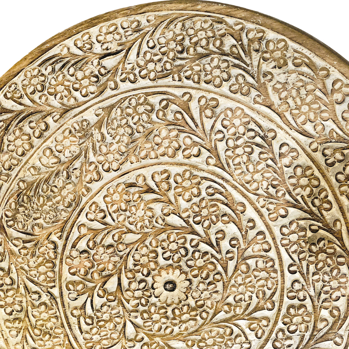 Round Mango Wood Decorative Carved Turntable Lazy Susan with Filigree Engraving, Brown - UPT-214884