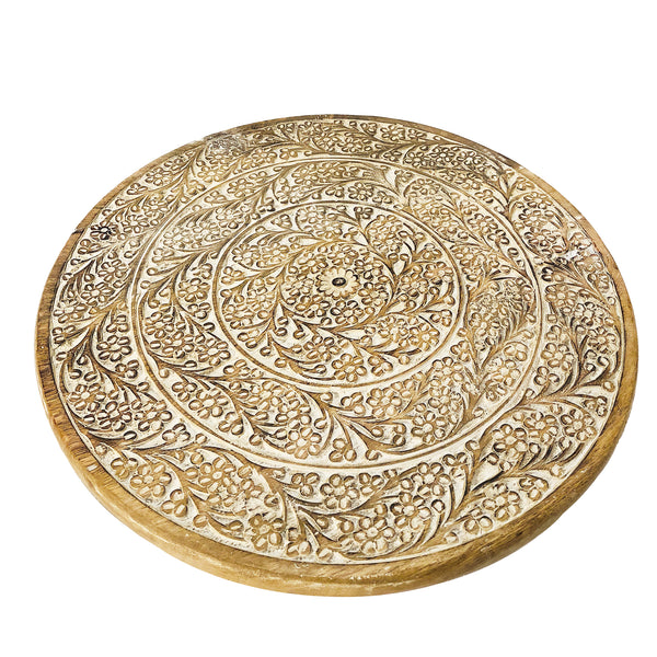 Round Mango Wood Decorative Carved Turntable Lazy Susan with Filigree Engraving, Brown - UPT-214884