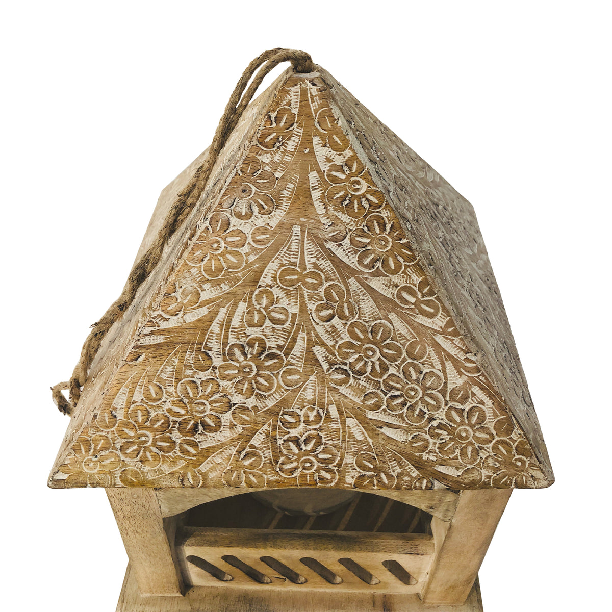 Floral Engraved Decorative Temple Top Mango Wood Hanging Bird House with Feeder, Brown - UPT-214886