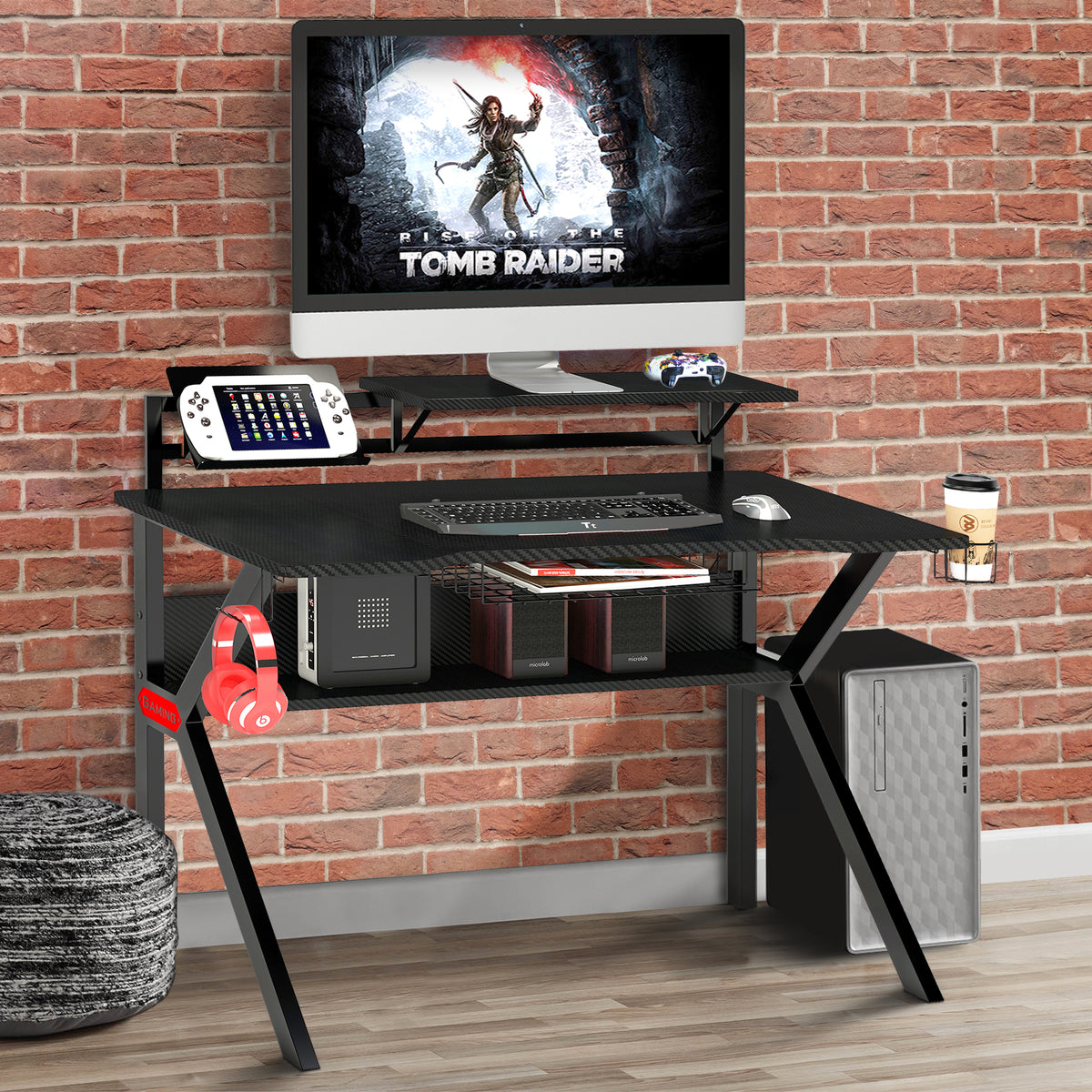 Liv PVC Coated Ergonomic Metal Frame Gaming Desk with K Shape Legs, Black- UPT-215119