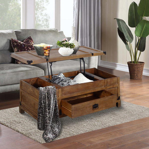 Rustic Single Drawer Mango Wood Coffee Table with Lift Top Storage & Compartments, Brown - UPT-215750