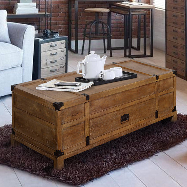 Rustic Single Drawer Mango Wood Coffee Table with Lift Top Storage & Compartments, Brown - UPT-215750