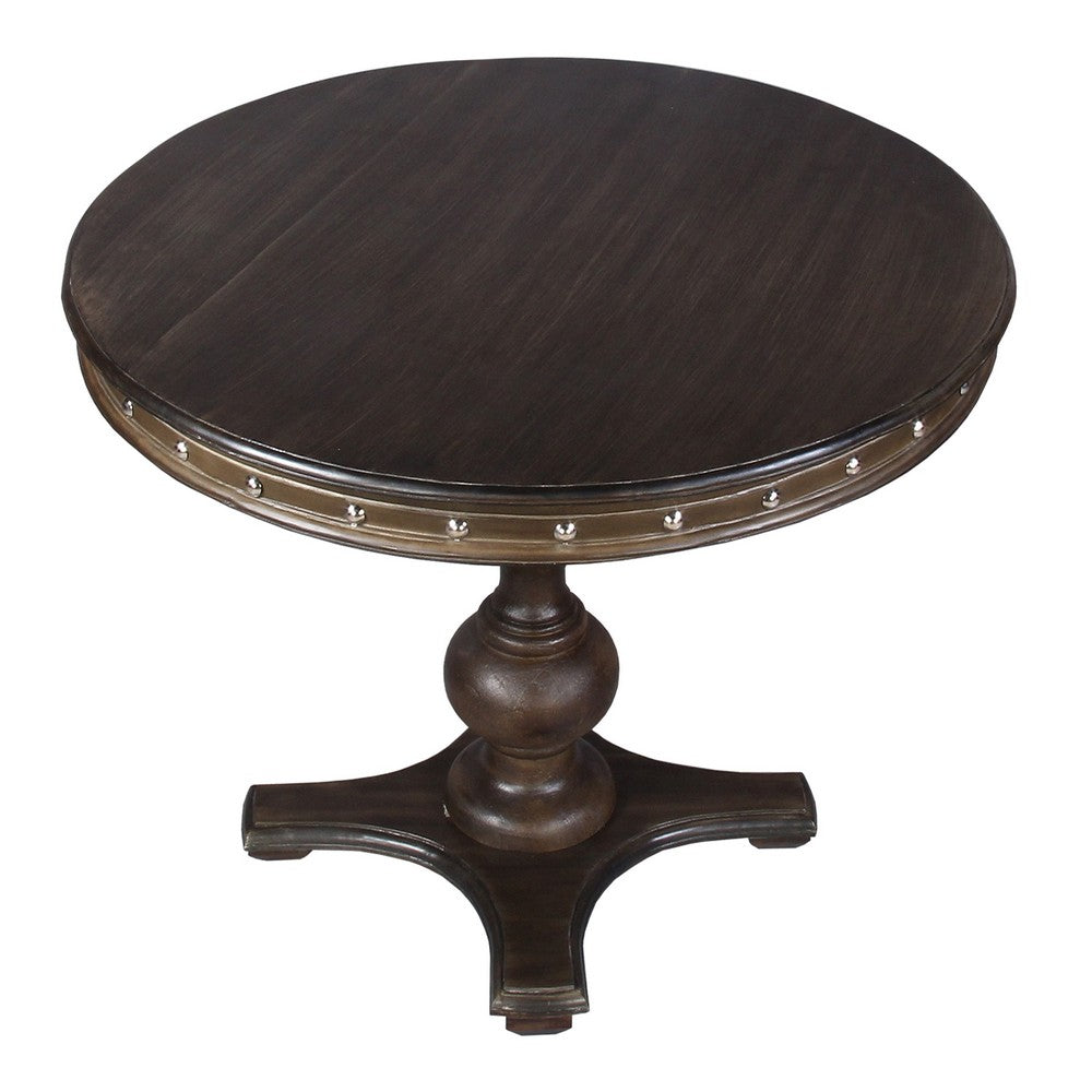 42 Inch Handcrafted Round Mango Wood Dining Table, Subtle Rivet Accents, Turned Pedestal Base, Dark Brown - UPT-215752