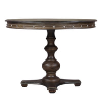 42 Inch Handcrafted Round Mango Wood Dining Table, Subtle Rivet Accents, Turned Pedestal Base, Dark Brown - UPT-215752