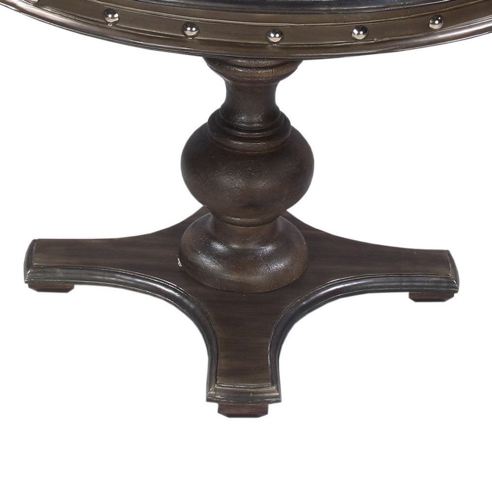 42 Inch Handcrafted Round Mango Wood Dining Table, Subtle Rivet Accents, Turned Pedestal Base, Dark Brown - UPT-215752