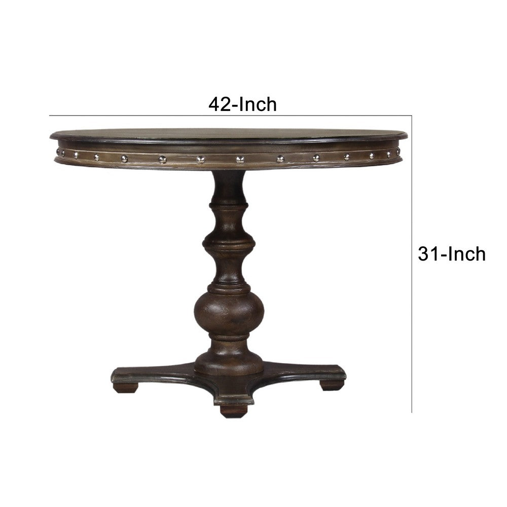42 Inch Handcrafted Round Mango Wood Dining Table, Subtle Rivet Accents, Turned Pedestal Base, Dark Brown - UPT-215752