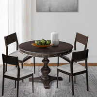 42 Inch Handcrafted Round Mango Wood Dining Table, Subtle Rivet Accents, Turned Pedestal Base, Dark Brown - UPT-215752