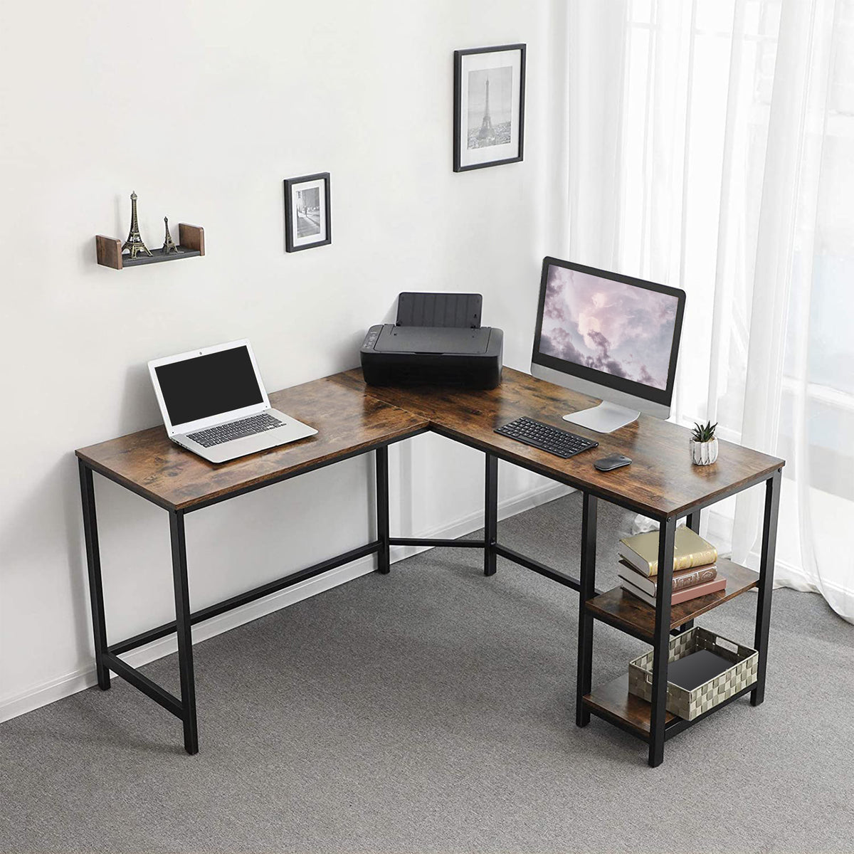 L Shape Wood and Metal Frame Computer Desk with 2 Shelves, Brown and B