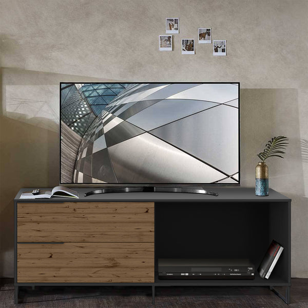 60 Inch Wood and Metal Entertainment TV Stand with 2 Drawers, Brown and Black - UPT-225265