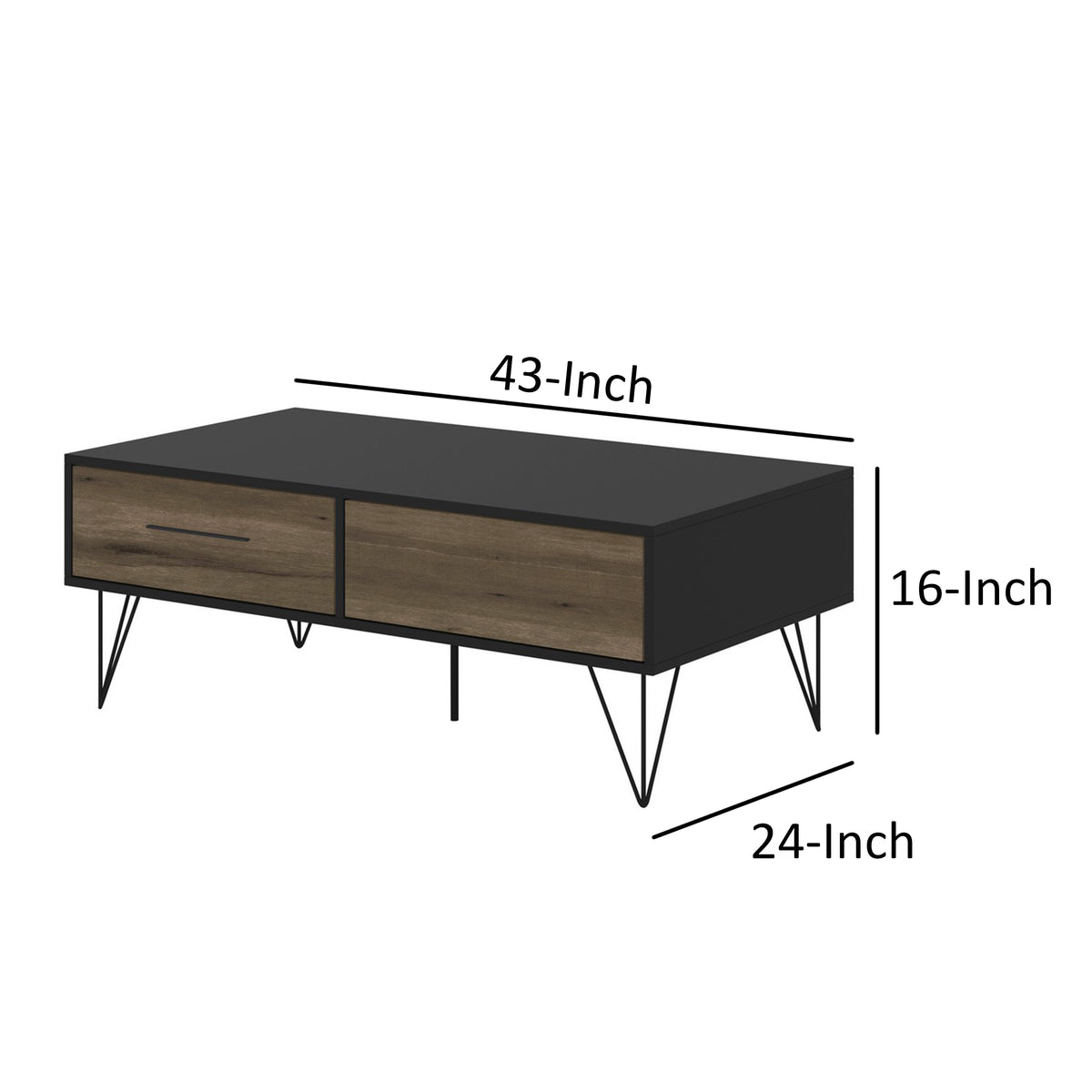 2 Removable Drawer Wooden Coffee Table With Hairpin Legs, Black and Brown - UPT-225267