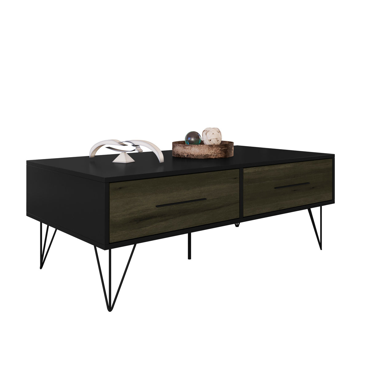 2 Removable Drawer Wooden Coffee Table With Hairpin Legs, Black and Brown - UPT-225267