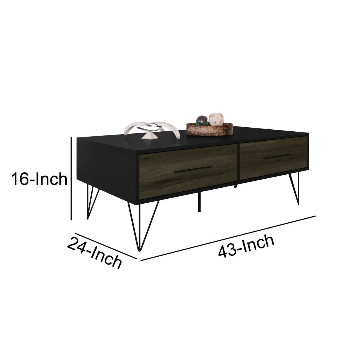 2 Removable Drawer Wooden Coffee Table With Hairpin Legs, Black and Brown - UPT-225267