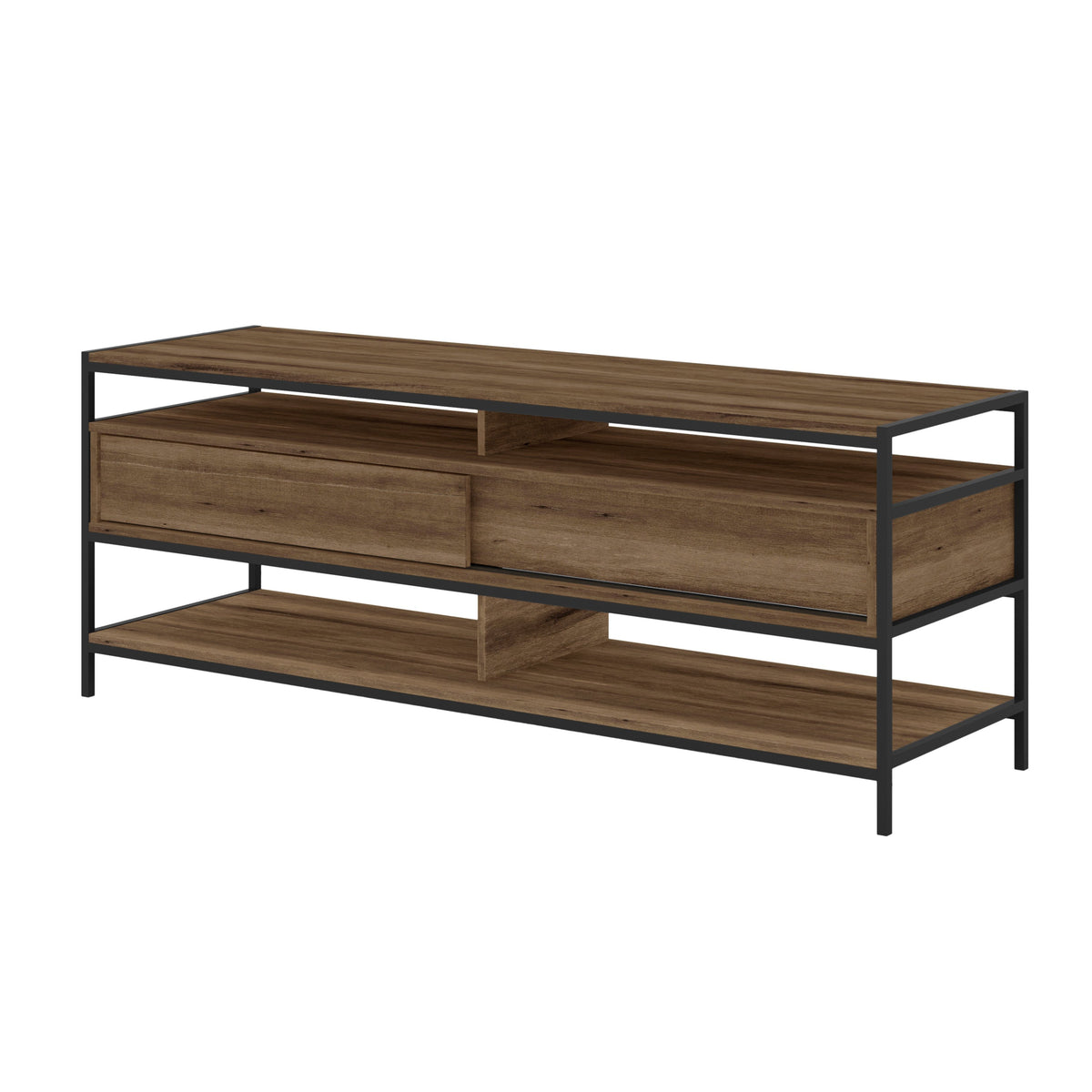 58 Inch Wood and Metal Entertainmnet TV Stand with 2 Drawers, Brown and Black - UPT-225269