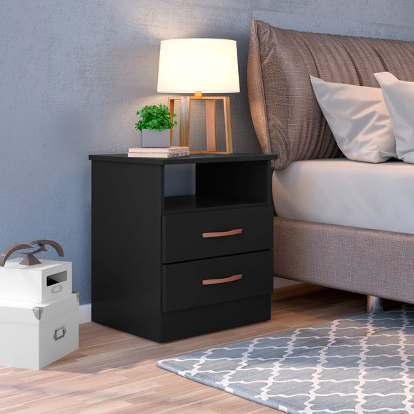 Wooden End Side Table Nightstand with 2 Drawers and 1 Open Compartment, Black - UPT-225274