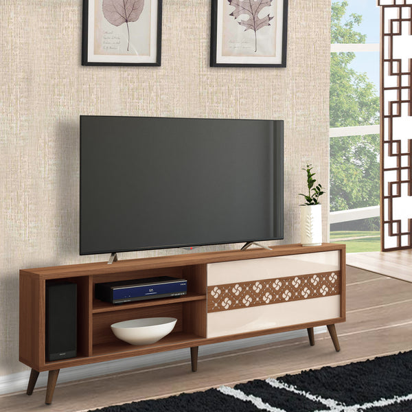 63 Inch Door Wooden Entertainment TV Stand with 3 Open Compartments, Brown - UPT-225280