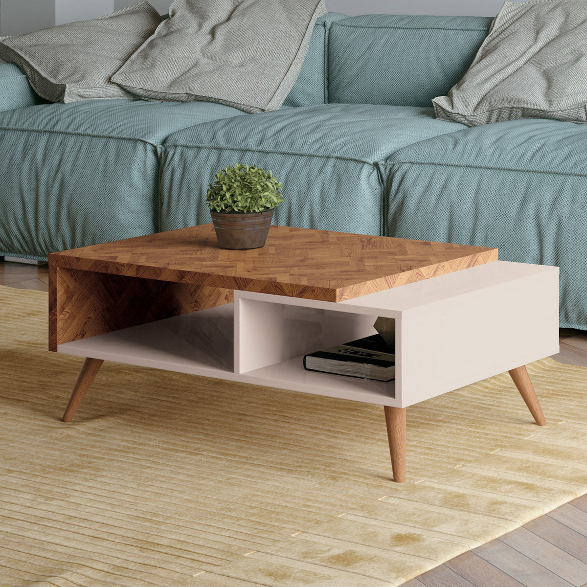 Two Tone Wooden Coffee Table with splayed legs & storage Shelf, White and Brown - UPT-225283