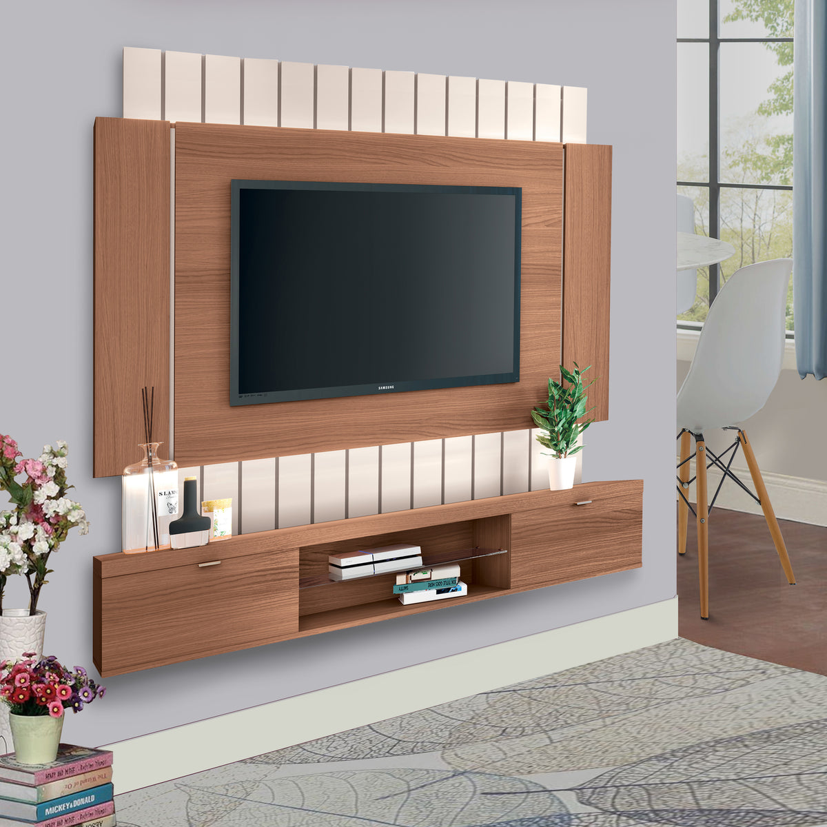 71 Inch Wall Mounted Entertainment TV Media Console Unit with Shelves, White - UPT-225284