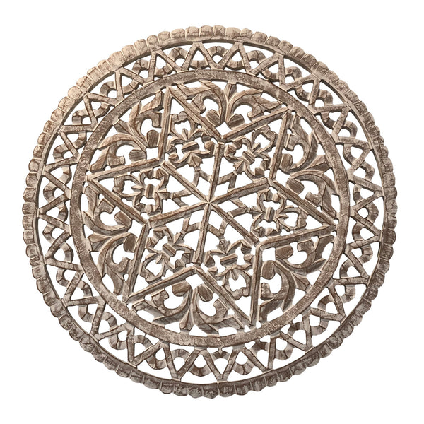 30 Inch Round Wooden Carved Wall Art with Intricate Cutouts, Distressed White - UPT-225286