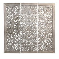 Hand Carved Panels Wooden Wall Art with Cutouts, Set of 3, Distressed White - UPT-225287