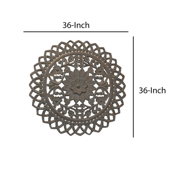 36 Inch Handcarved Wooden Round Wall Art with Floral Carving, Distressed Brown - UPT-225288