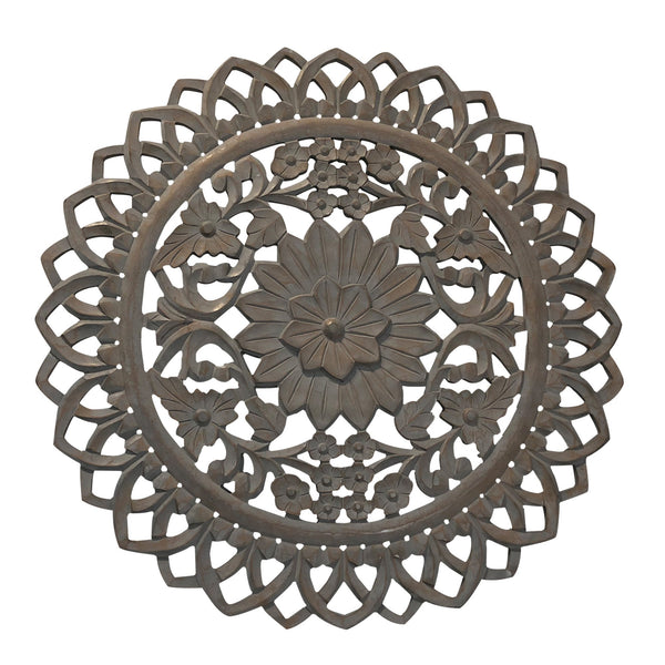 36 Inch Handcarved Wooden Round Wall Art with Floral Carving, Distressed Brown - UPT-225288