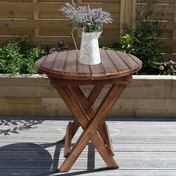 Farmhouse Wooden Round Folding Chair Side End Table with Planked Top, Rustic Brown - UPT-225289