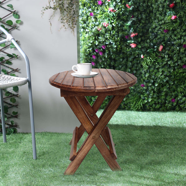 Farmhouse Wooden Round Folding Chair Side End Table with Planked Top, Rustic Brown - UPT-225289