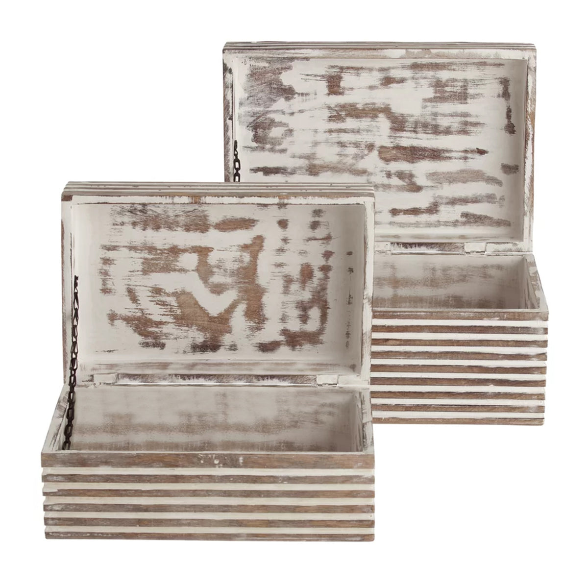 Block Stripe Pattern 2 Piece Rectangular Wooden Jewelry Box, Whitewash - UPT-226034