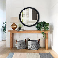 28 Inch Round Wooden Floating Beveled Wall Mirror, Black - UPT-226272