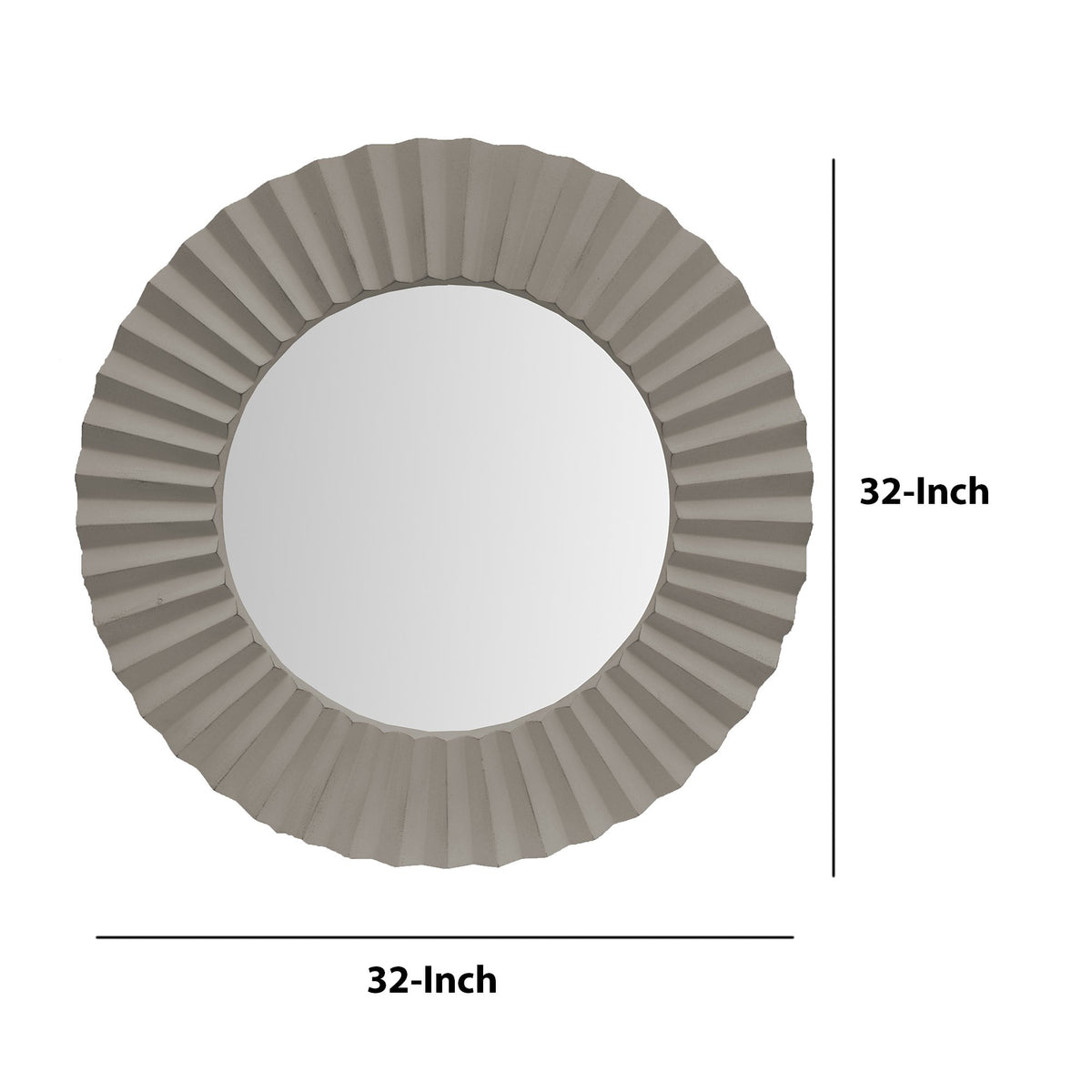 32 Inch Round Beveled Floating Wall Mirror with Corrugated Design Wooden Frame, Gray - UPT-226279