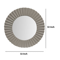 32 Inch Round Beveled Floating Wall Mirror with Corrugated Design Wooden Frame, Gray - UPT-226279