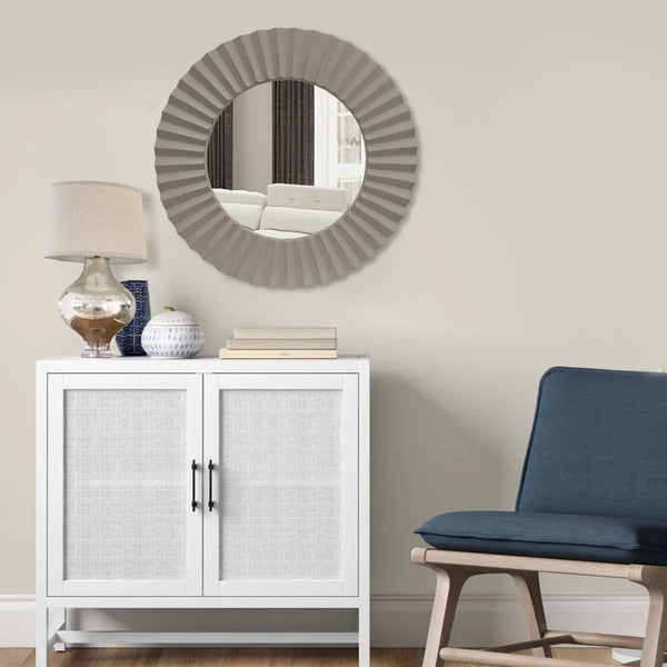 32 Inch Round Beveled Floating Wall Mirror with Corrugated Design Wooden Frame, Gray - UPT-226279