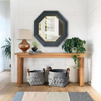 32 Inch Octagonal Shape Wooden Floating Frame Flat Wall Mirror, Gray - UPT-226280