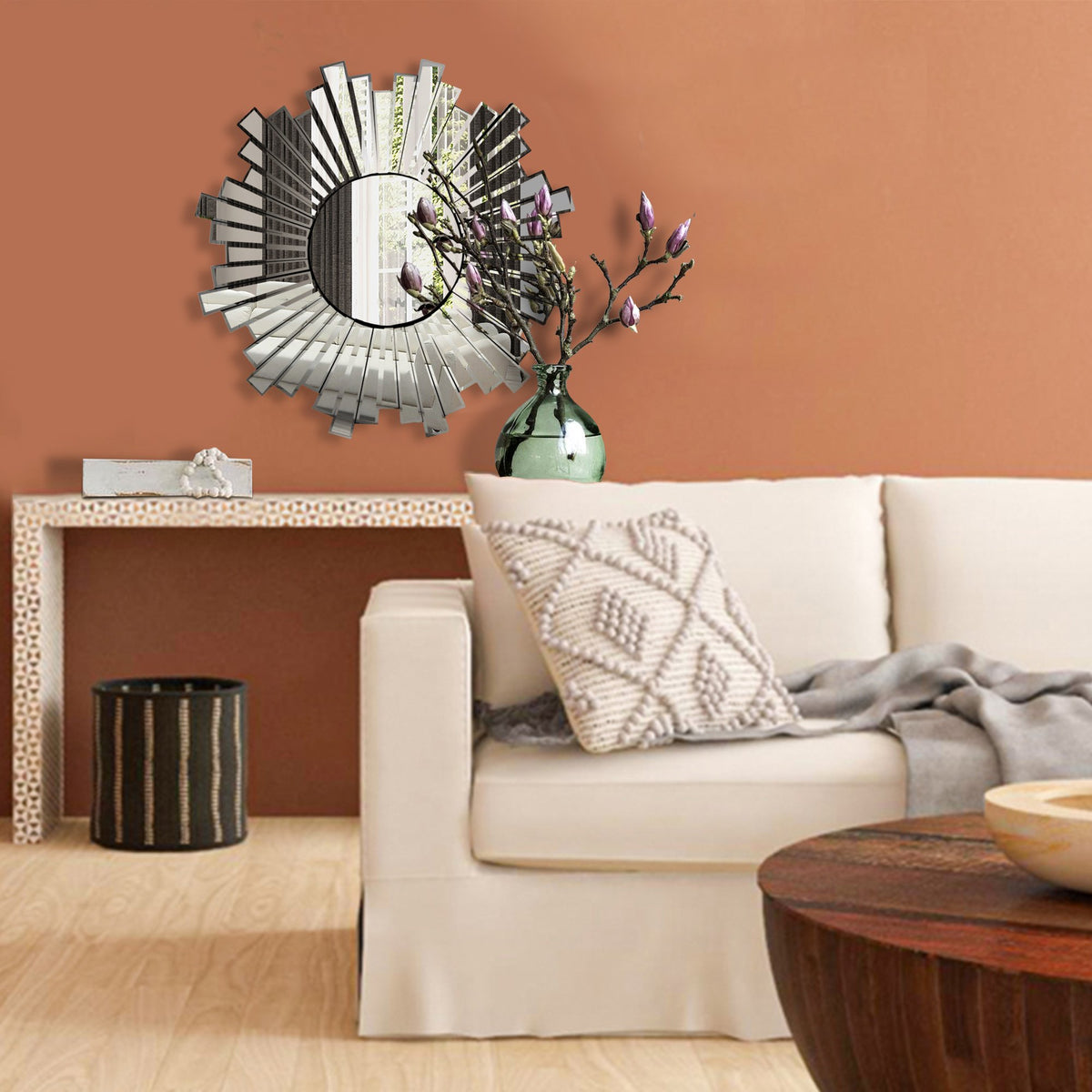 28 Inch Round Floating Wall Mirror with Sunburst Design Frame, Silver - UPT-226281