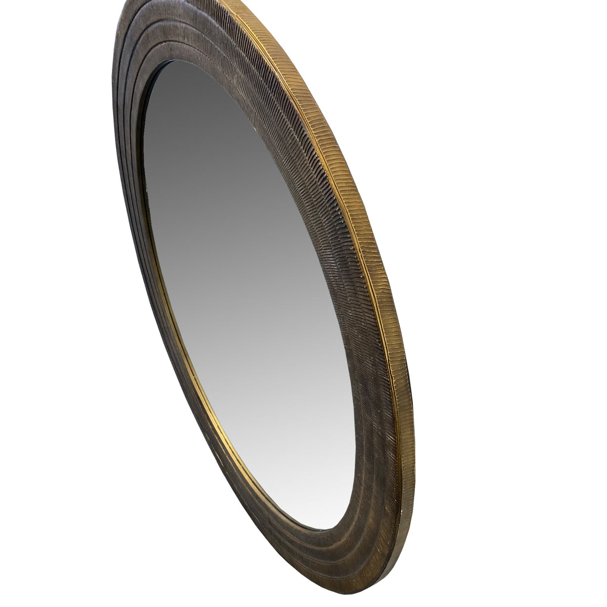 Round Layered Wooden Frame Decor Wall Mirror with Hand Carved Texture, Brown - UPT-228539