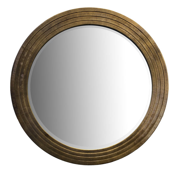Round Layered Wooden Frame Decor Wall Mirror with Hand Carved Texture, Brown - UPT-228539
