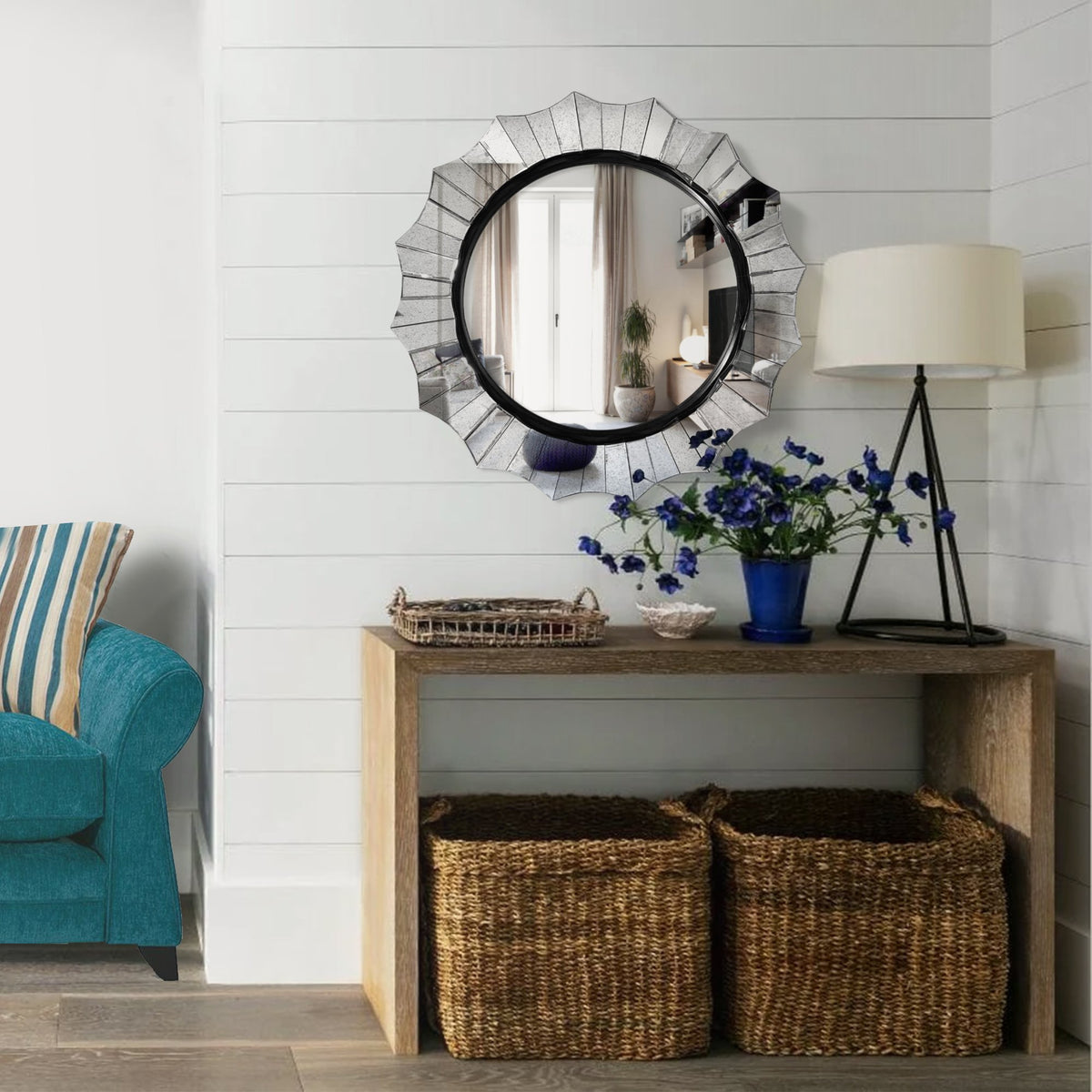 Round Accent Wall Mirror with Scalloped Design and Beveled Edges, Silver - UPT-228541