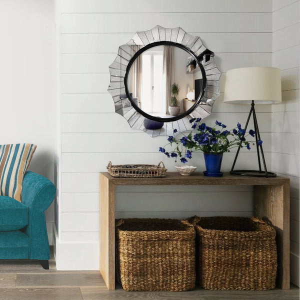 Round Accent Wall Mirror with Scalloped Design and Beveled Edges, Silver - UPT-228541