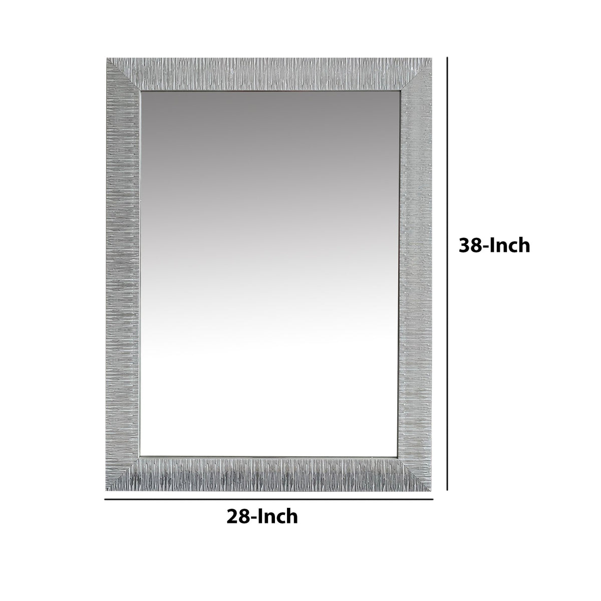 Wood Encased Wall Mirror with Striped Motif Edges and Shimmering Leaf, Gray - UPT-228542