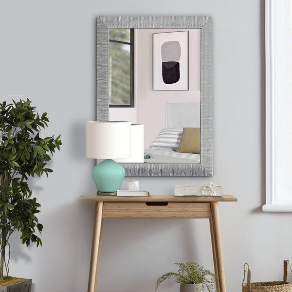 Wood Encased Wall Mirror with Striped Motif Edges and Shimmering Leaf, Gray - UPT-228542